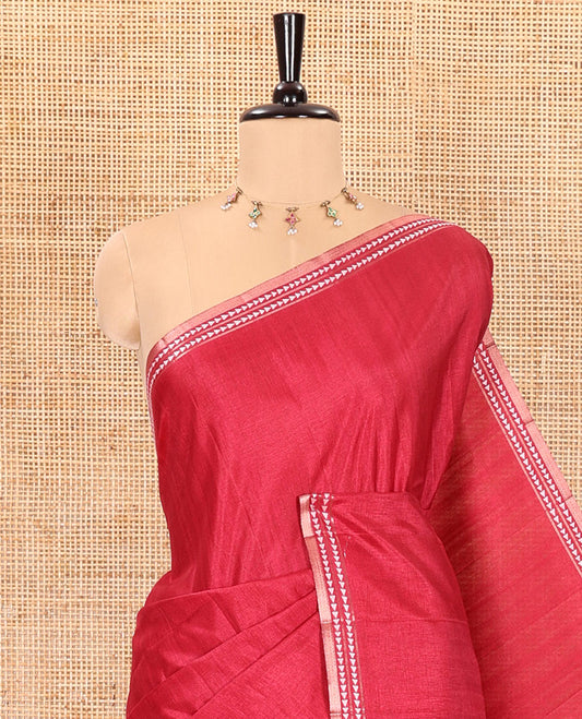 Maroon plain fancy tussar saree, temple motifs woven thread border, striped pallu, and a matching blouse