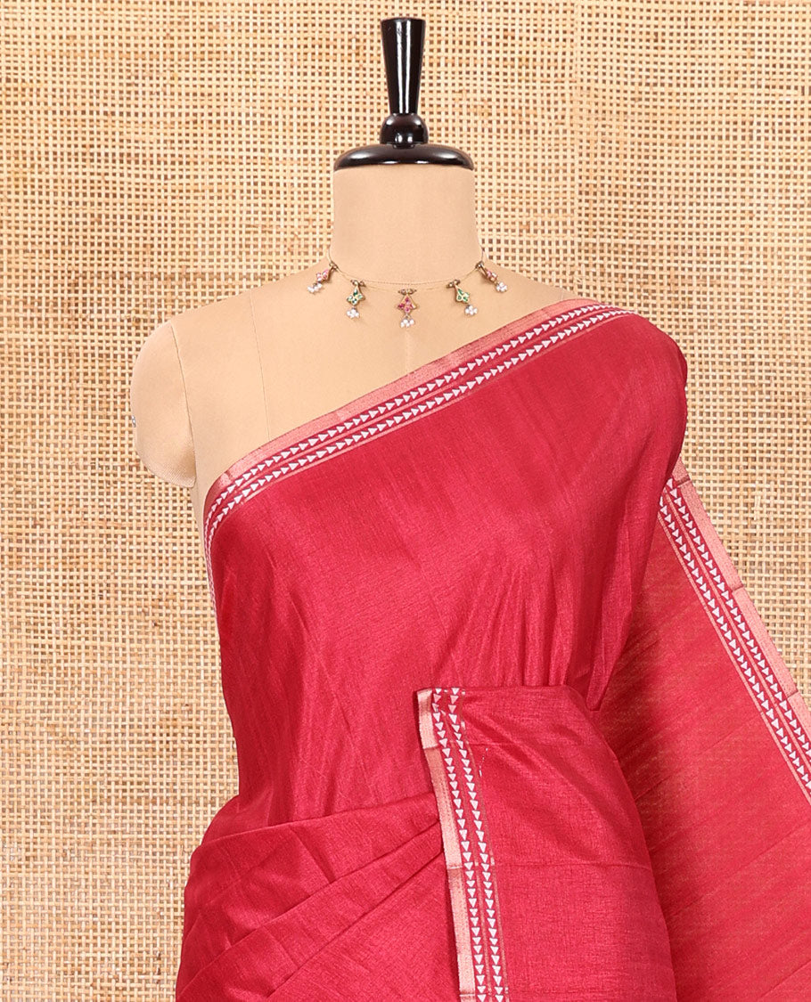 Maroon plain fancy tussar saree, temple motifs woven thread border, striped pallu, and a matching blouse