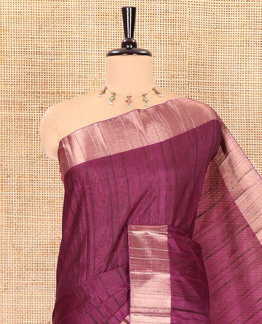 Purple plain ghicha woven fancy tussar silk saree, tissue small border, striped pallu, and a matching blouse