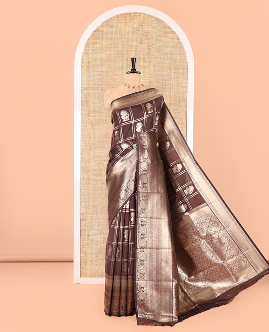 Coffee Brown Litchi Silk Saree, Gleamed Up with Yaali Butta Enclosed Checked All Over Its Body, Highlighted by a Traditional Zari Design Border, Pallu of Jaal Designs, and Paired with a Matching Blouse