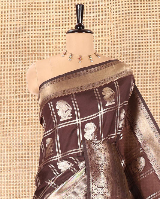 Coffee Brown Litchi Silk Saree, Gleamed Up with Yaali Butta Enclosed Checked All Over Its Body, Highlighted by a Traditional Zari Design Border, Pallu of Jaal Designs, and Paired with a Matching Blouse