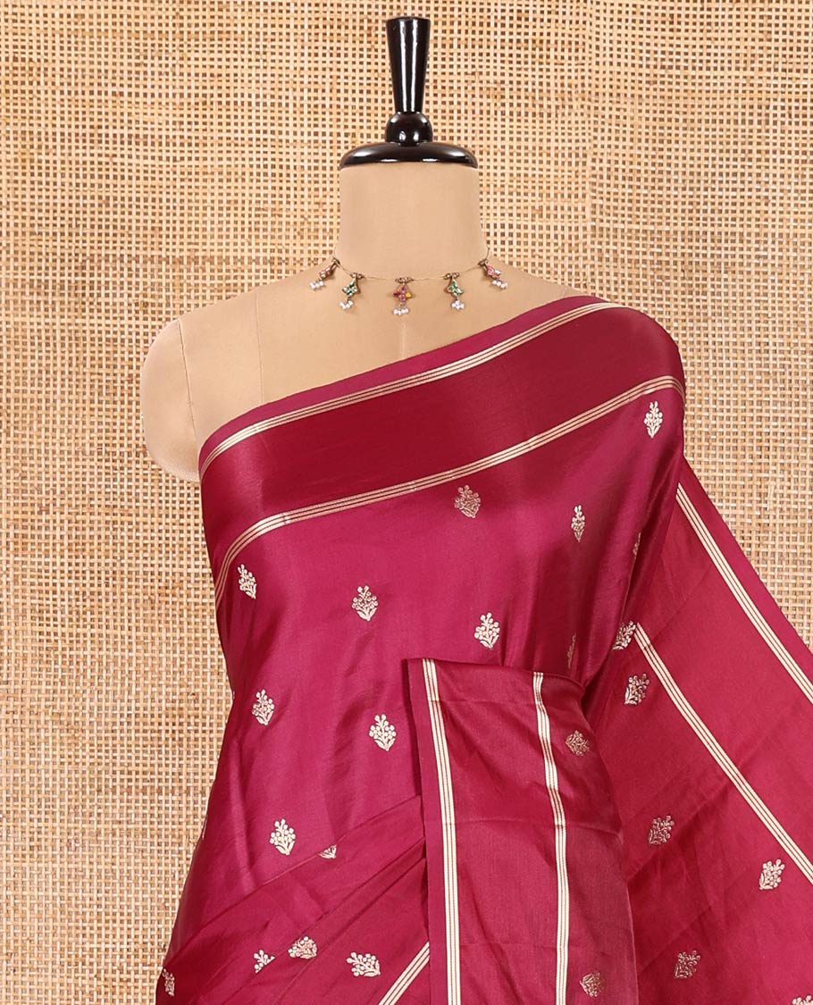 Magenta Pink Semi-Banaras Satin Silk Saree, Ornamented with Zari Buttas All Over Its Body, Highlighted by Zari Striped Border, Grand Jaal Pallu, and Paired with a Matching Blouse