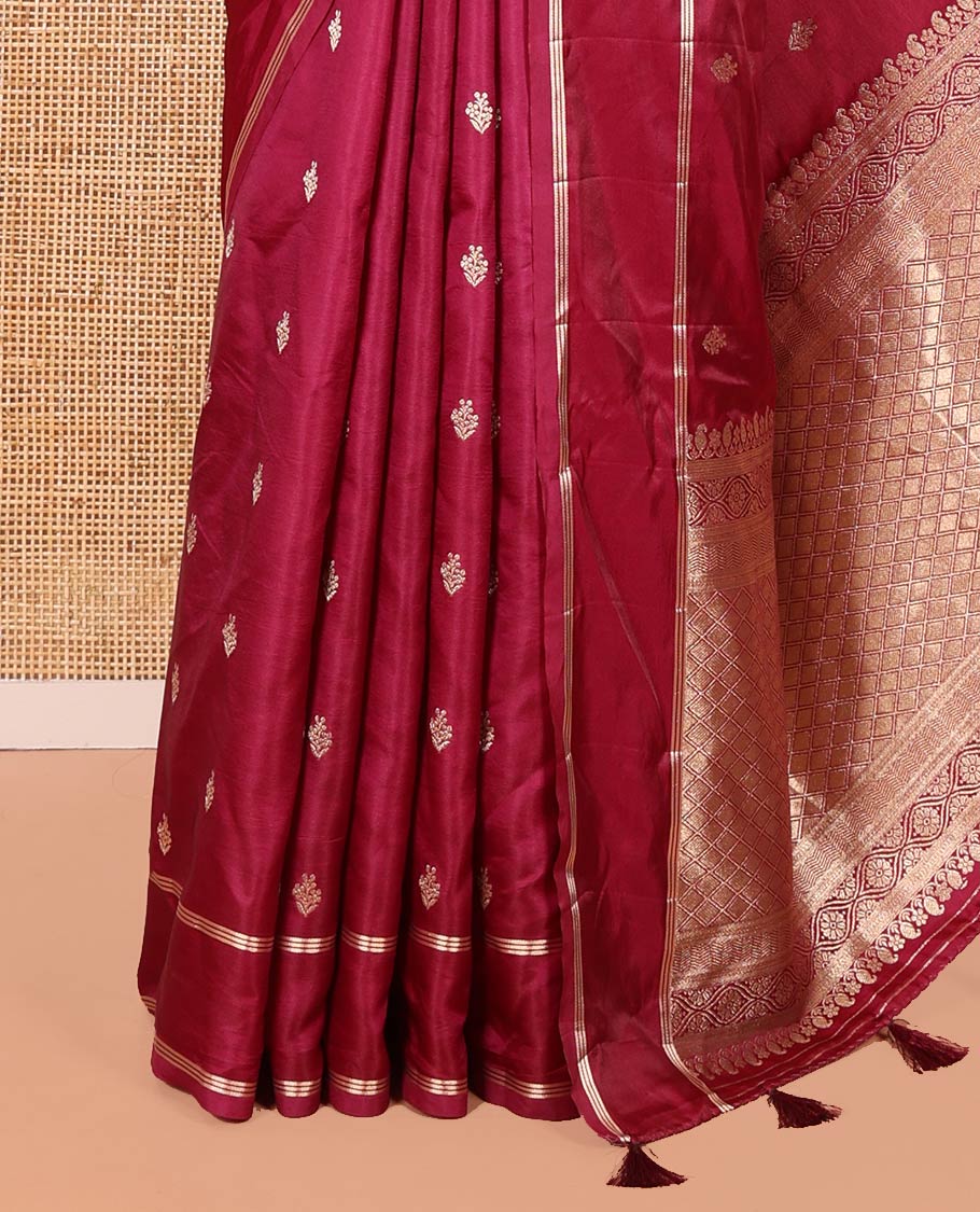 Magenta Pink Semi-Banaras Satin Silk Saree, Ornamented with Zari Buttas All Over Its Body, Highlighted by Zari Striped Border, Grand Jaal Pallu, and Paired with a Matching Blouse