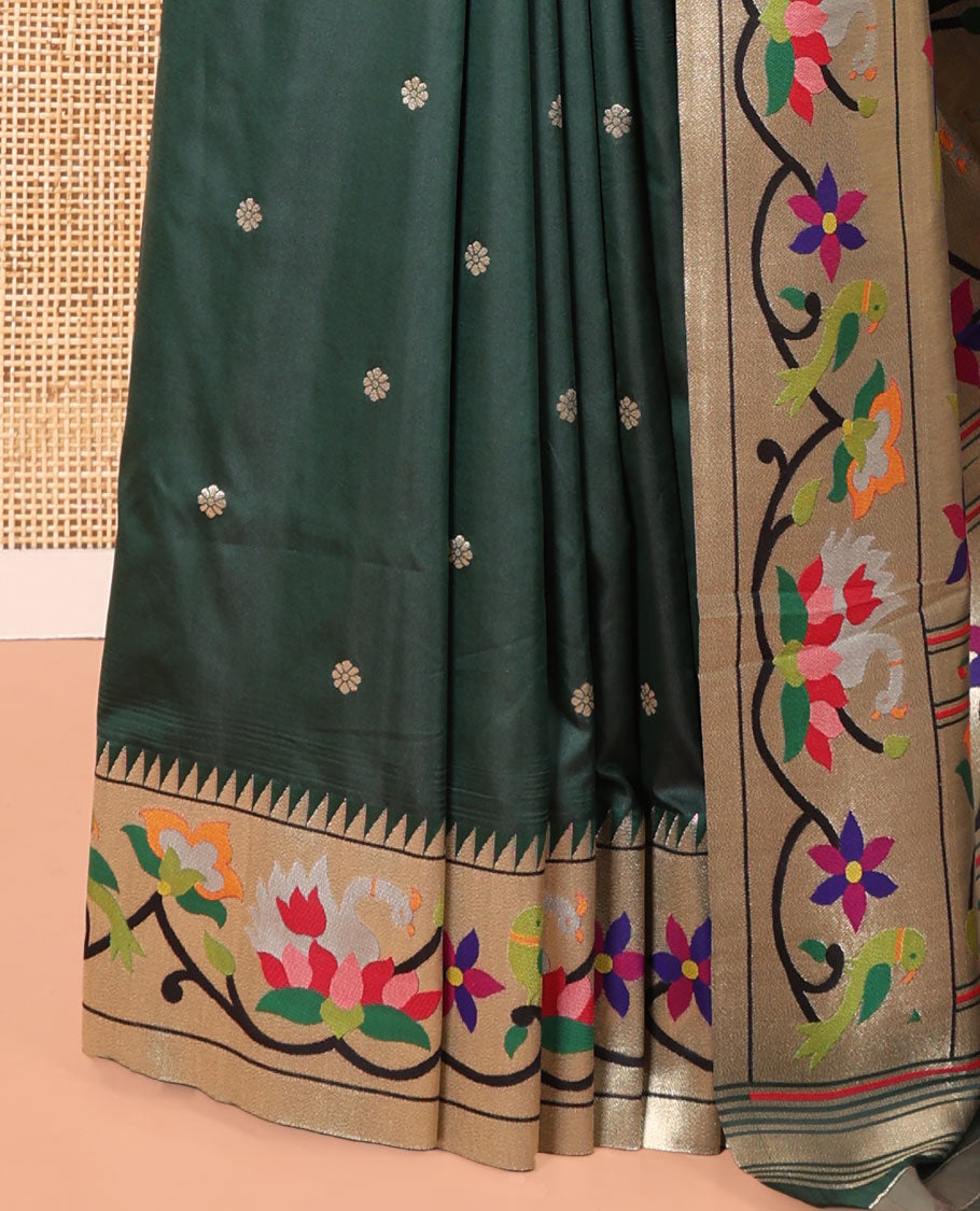 Green Paithani Art Silk Saree, Decked Up with Flower Buttas All Over Its Body, Highlighted by Zari Border Pictures Colorful Floral, and Parrot Designs, Pallu of Muniya, Floral and Parrot Designs, and Paired with a Matching Blouse