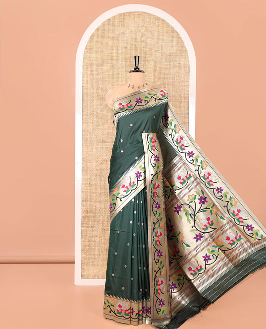 Green Paithani Art Silk Saree, Decked Up with Flower Buttas All Over Its Body, Highlighted by Zari Border Pictures Colorful Floral, and Parrot Designs, Pallu of Muniya, Floral and Parrot Designs, and Paired with a Matching Blouse