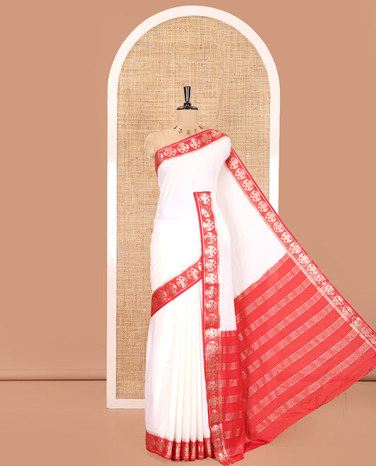 Off-white Plain Semi-Mysore Silk Saree, Complemented by a Contrast Border of Ganda Berunda Designs, Zari Striped Pallu, and Paired with a Contrast Blouse