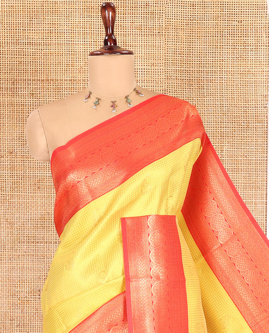 Yellow Litchi Saree with Zari Buttas and Checks, Contrast Traditional Zari Border, Paisley Pallu, and a Contrast Blouse