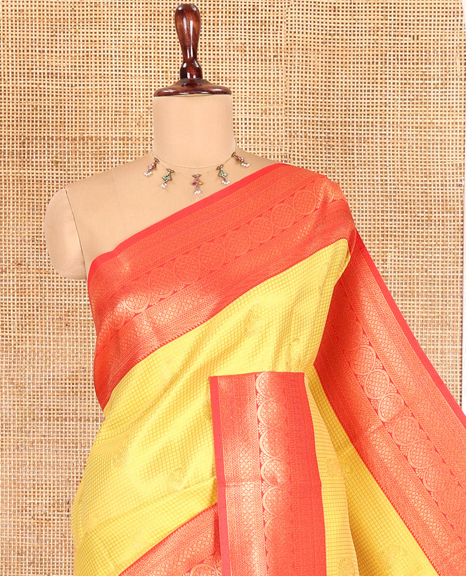 Yellow Litchi Saree, Enriched with Zari Buttas and Checks, Complemented by a Contrast Traditional Zari Border, Paisley Pallu, and a Contrast Blouse