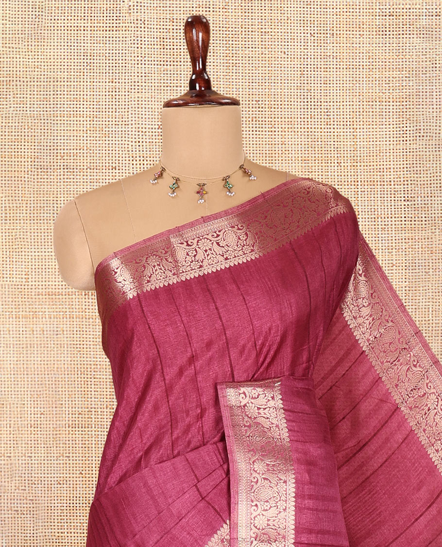 Onion Pink Fancy Tussar Saree, Floral-Paisley Border, Grand Pallu, a Contrast Printed Blouse, Matching Brocade Blouse