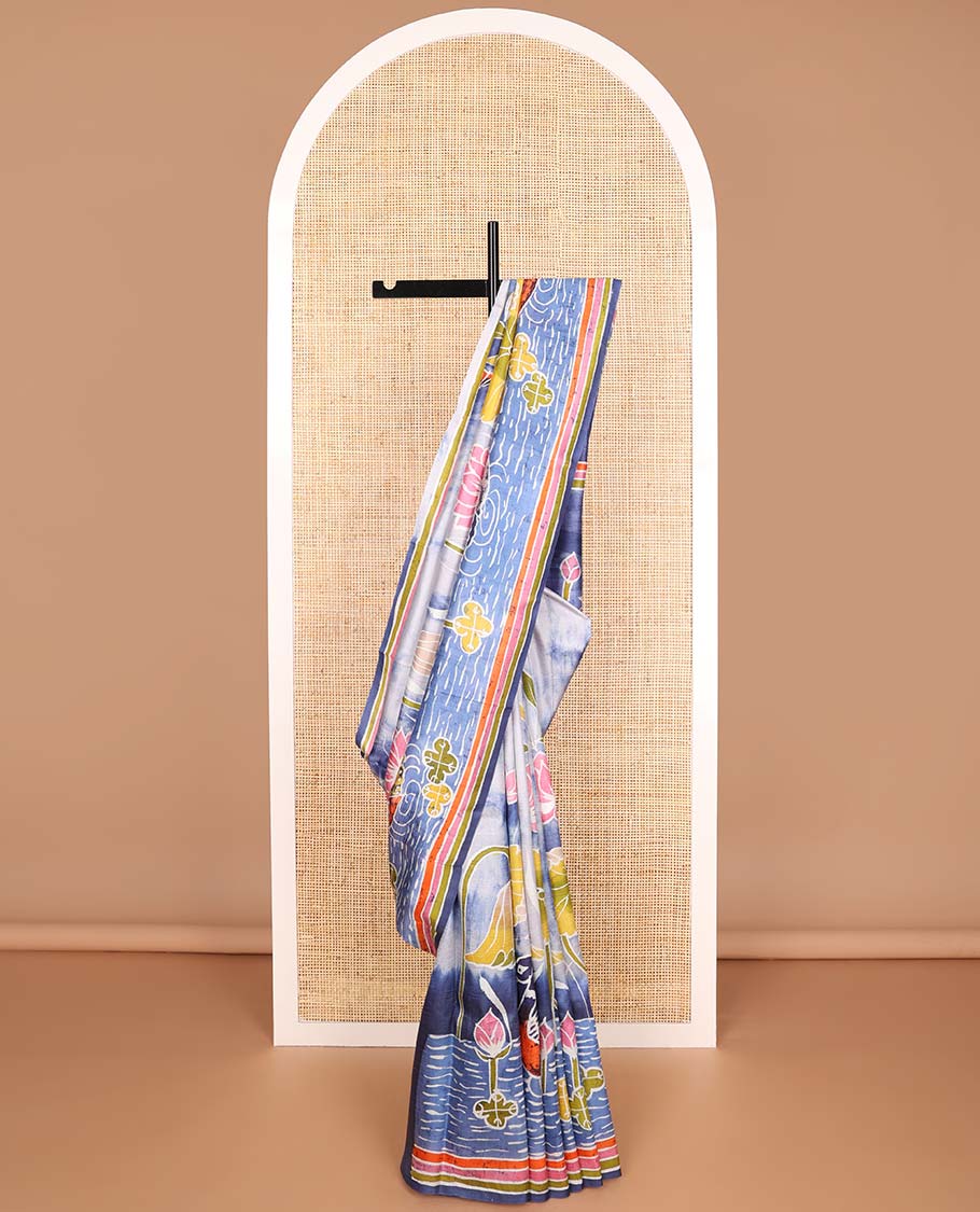 Blue bandhani printed silk saree pond theme printed with contrast border & lotus design pallu