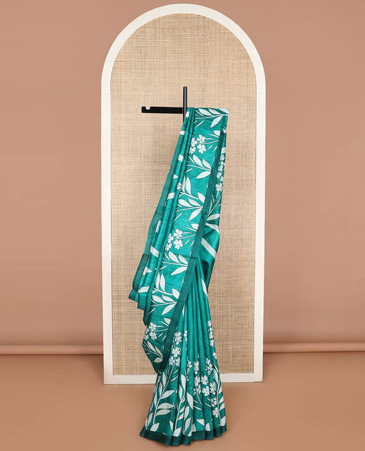 Green floral, geometric design printed silk saree with contrast border