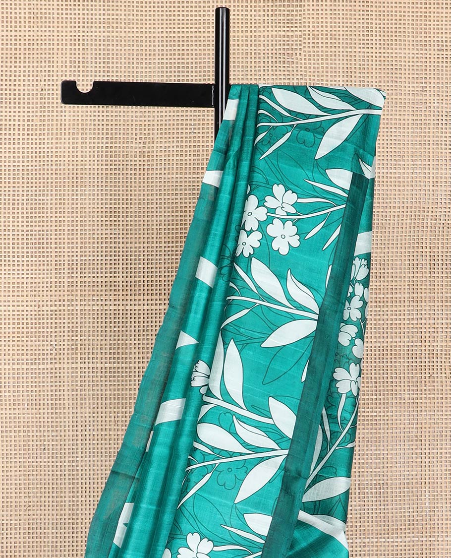 Green floral, geometric design printed silk saree with contrast border
