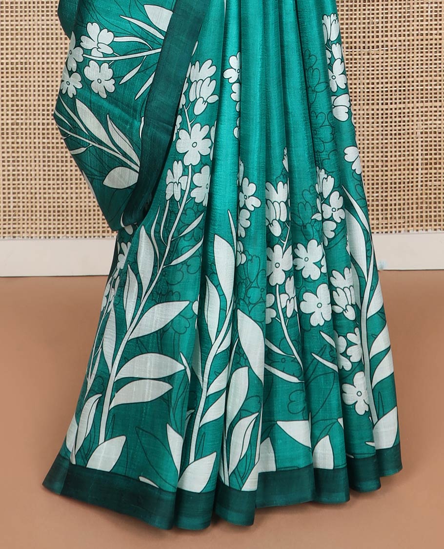Green floral, geometric design printed silk saree with contrast border