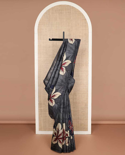 Borderless dark grey floral design printed silk saree