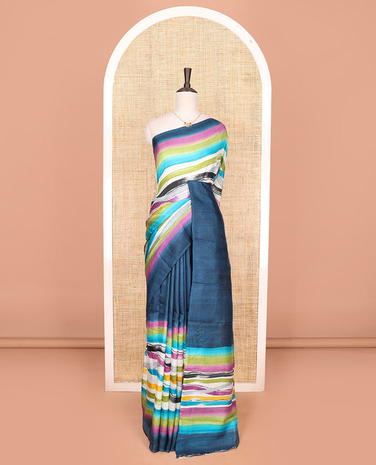 Blue-base multi-color striped printed saree, self-pallu of colorful stripes