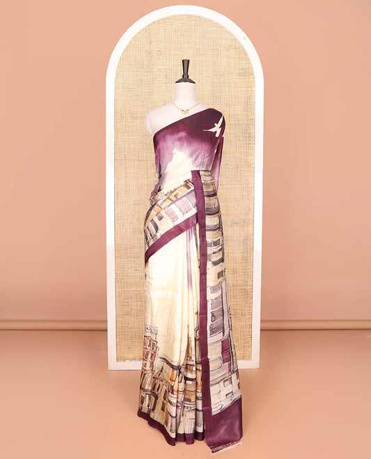Half-white and purple printed saree features abstract-style dye and building motifs print, birds printed pallu, and blouse
