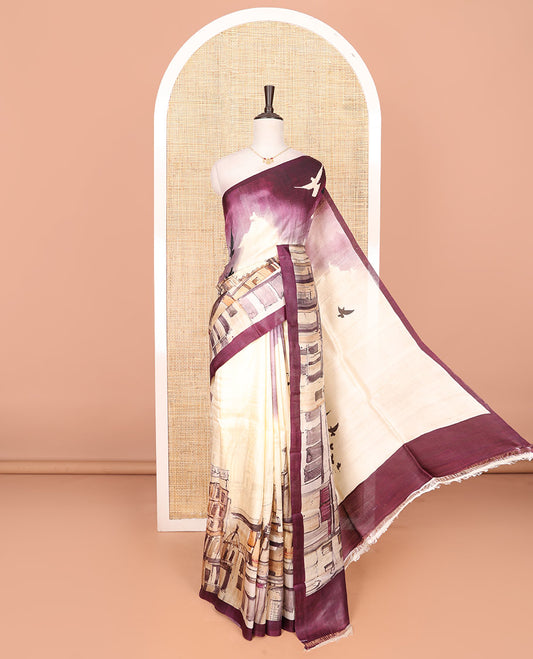 Half-white and purple printed saree features abstract-style dye and building motifs print, birds printed pallu, and blouse