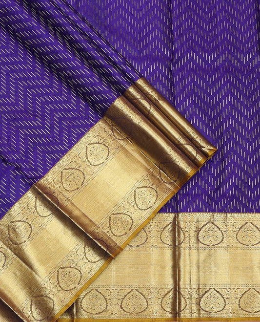 Violet Pure Silk Half-Saree, Finely Crafted with Zari Buttas on Its Skirt, Complemented by a Contrast Border Featuring Traditional Zari Designs, Comes with a Contrast Blouse and a Dhavani of Mayil-Chakram Enclosed Checks