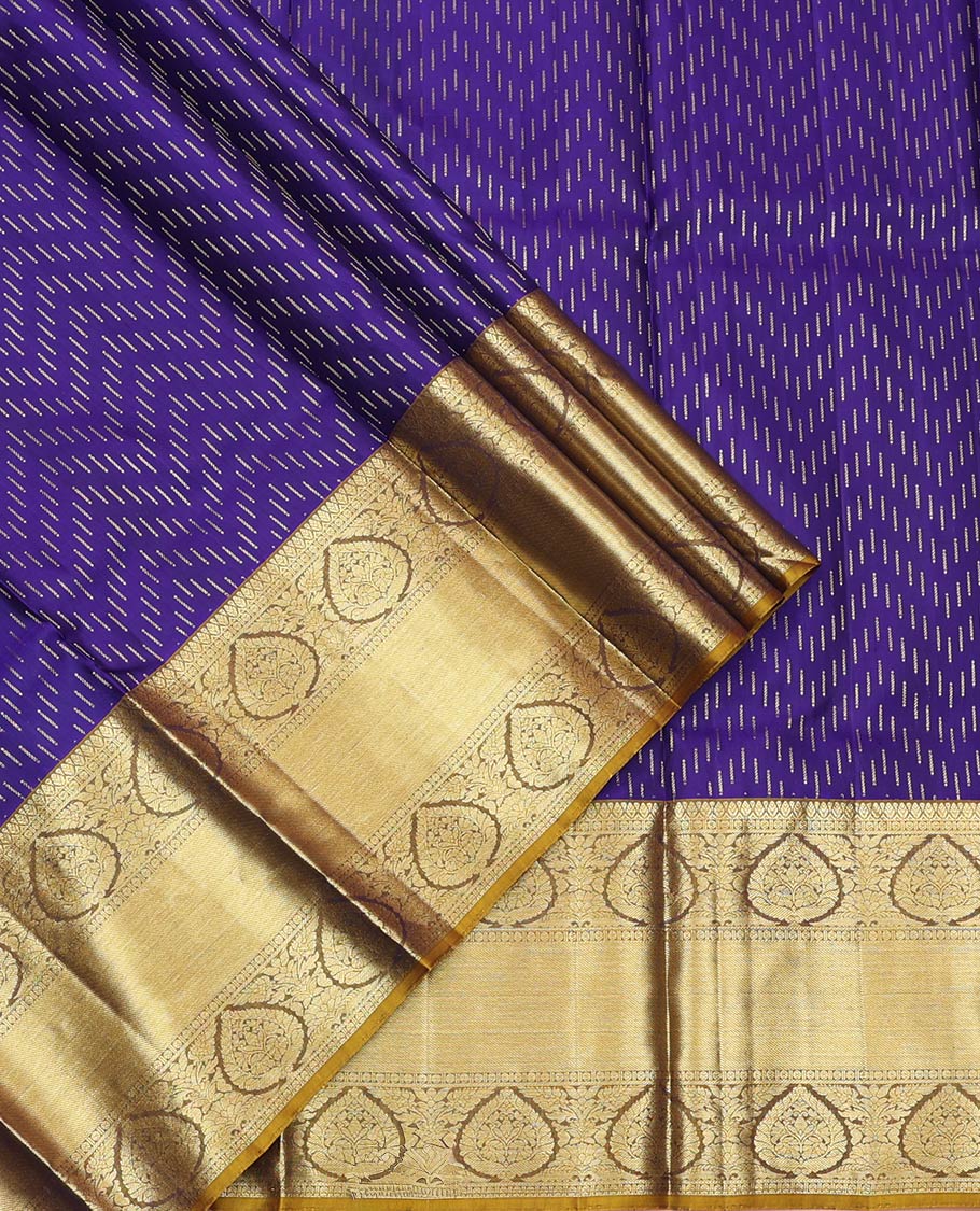 Violet Pure Silk Half-Saree, Finely Crafted with Zari Buttas on Its Skirt, Complemented by a Contrast Border Featuring Traditional Zari Designs, Comes with a Contrast Blouse and a Dhavani of Mayil-Chakram Enclosed Checks
