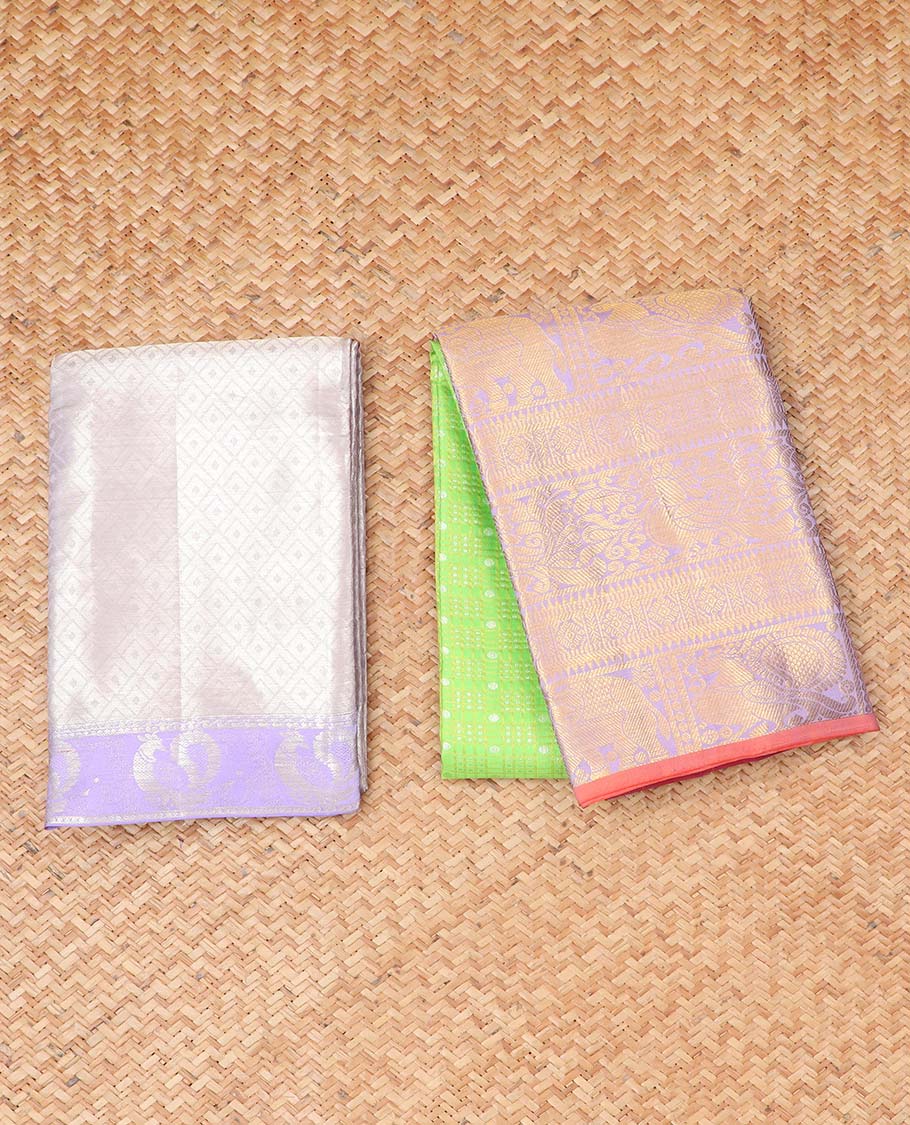 Green checked, floral design pure silk half silk saree with contrast zari border , contrast zari design blouse & plain with zari border dhavani