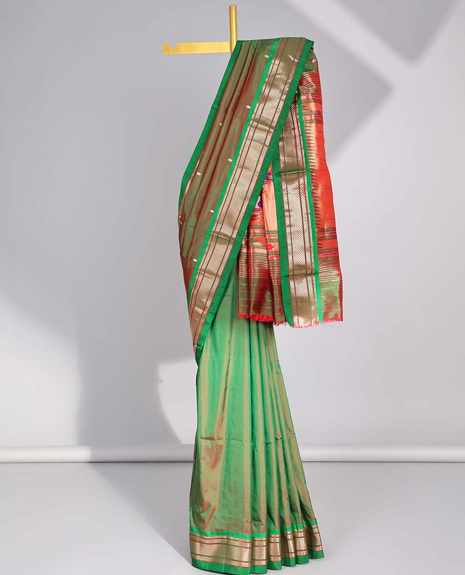 Green motifs paithani silk sare with contrast checked zari border & intricate zari design pallu