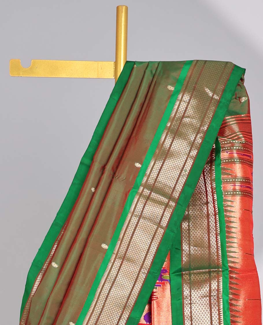Green motifs paithani silk sare with contrast checked zari border & intricate zari design pallu
