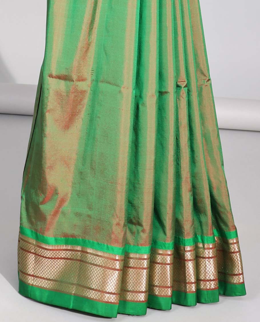 Green motifs paithani silk sare with contrast checked zari border & intricate zari design pallu