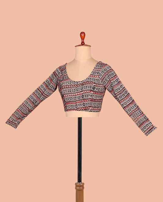 Grey geometric patterns printed front-back round neck full sleeve cotton readymade blouse