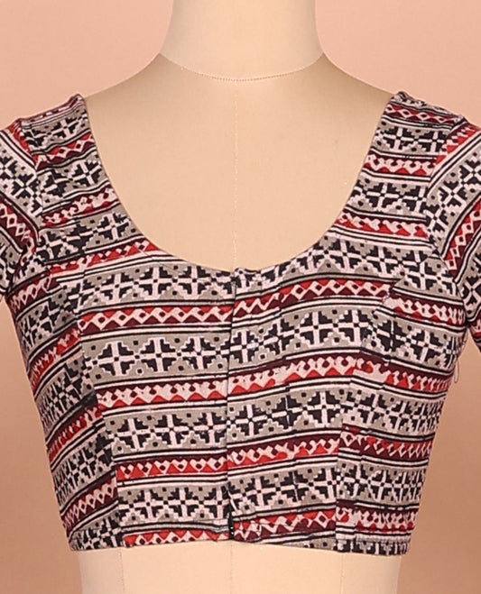 Grey geometric patterns printed front-back round neck full sleeve cotton readymade blouse