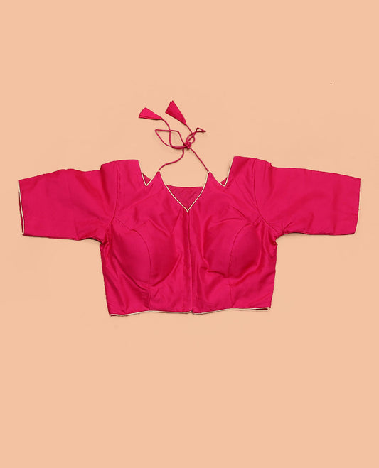 Red plain design halter neck tie up elbow sleeve blouse