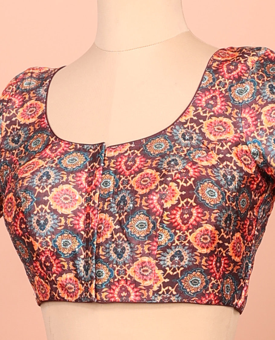 Brown Readymade Blouse Featuring Intricately Digital Print, a Front Round-Neck, Back Round-Neck, and Elbow Sleeves