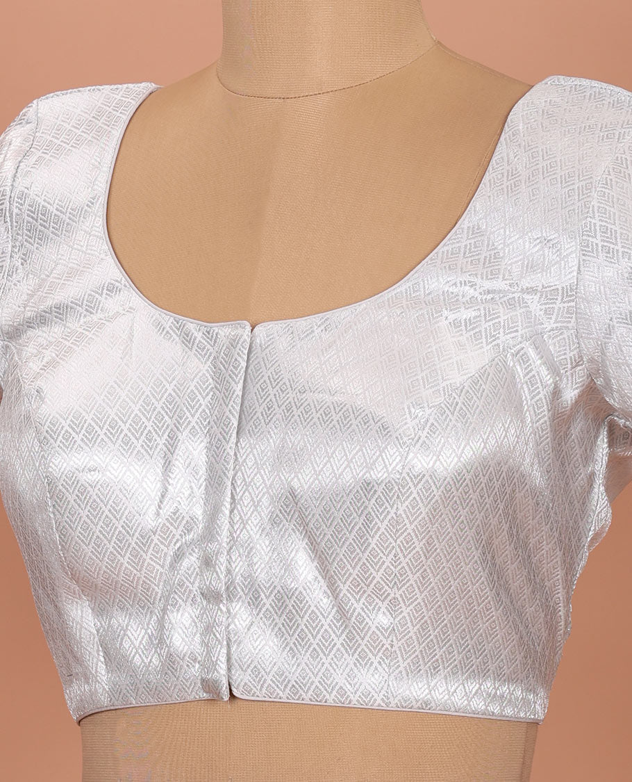 Silver jaal patterned front-back round neck elbow-sleeve readymade blouse