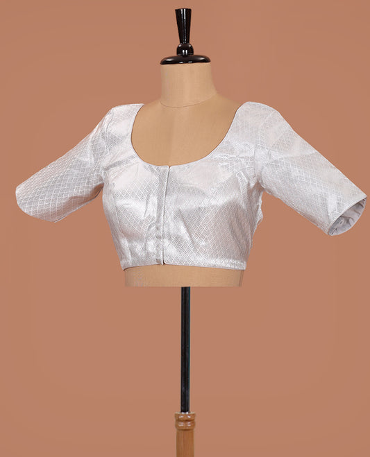Silver jaal patterned front-back round neck elbow-sleeve readymade blouse