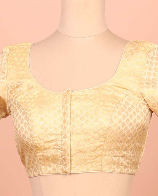 Gold Readymade Blouse Featuring Jacquard Design, a Front Round-Neck, Back Round-Neck, and Elbow Sleeves