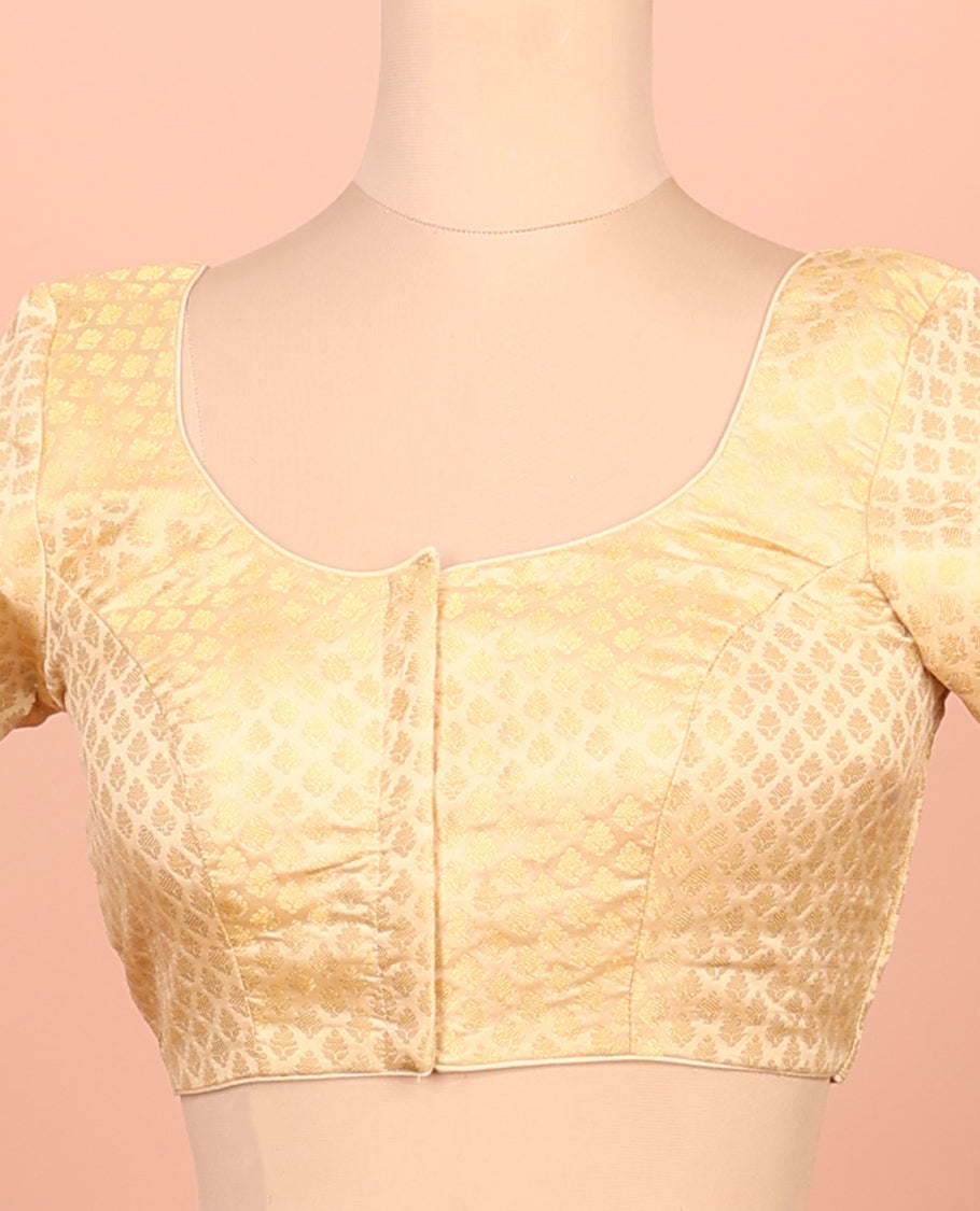 Gold Readymade Blouse Featuring Jacquard Design, a Front Round-Neck, Back Round-Neck, and Elbow Sleeves