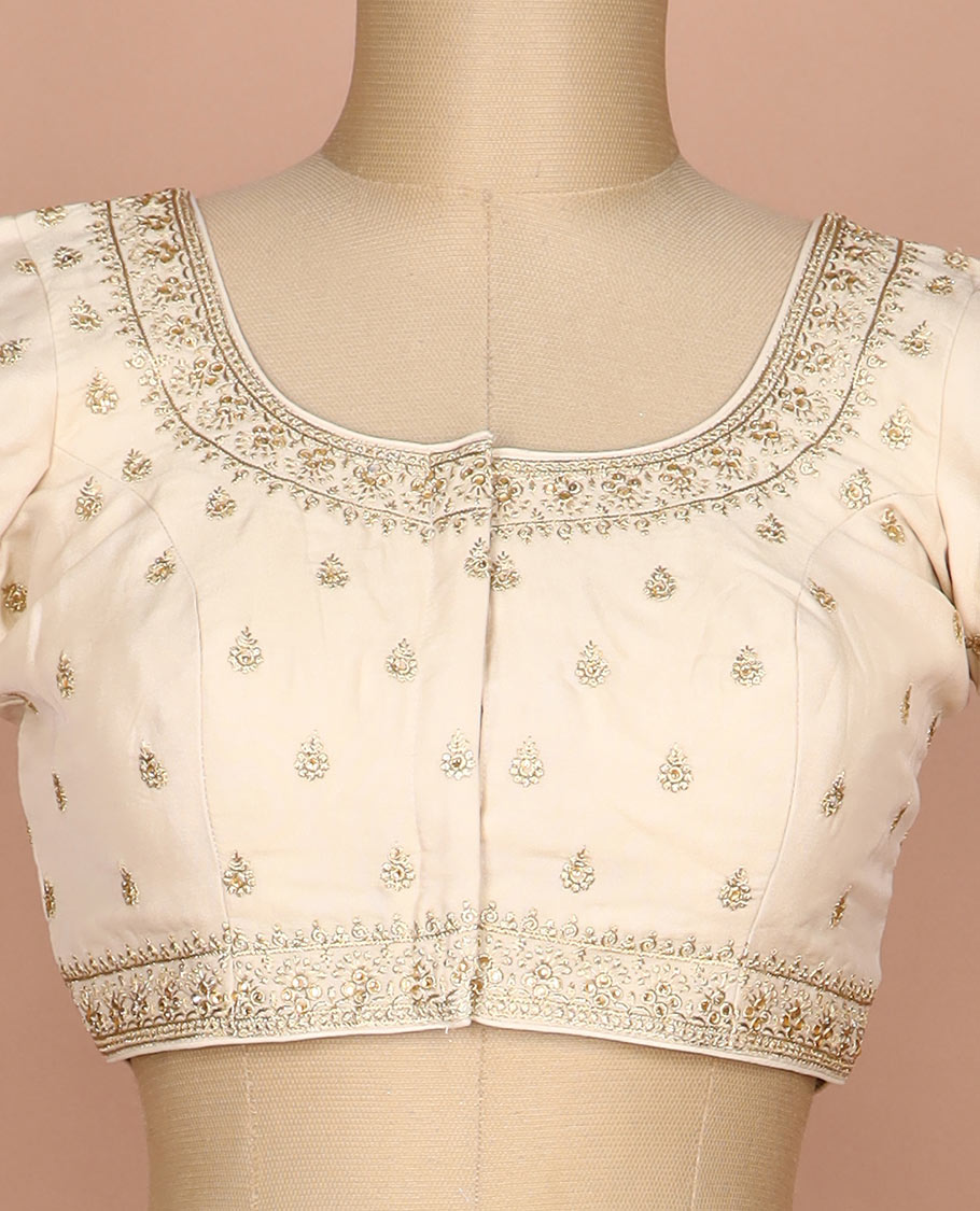 Cream floral thread embroidered round neck elbow sleeve raw silk readymade blouse
