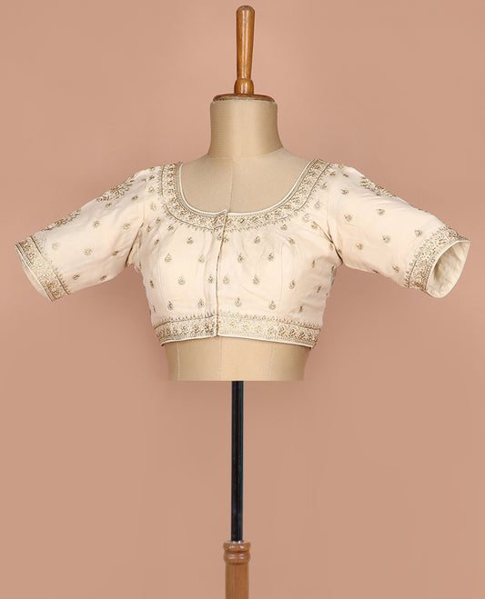 Cream floral thread embroidered round neck elbow sleeve raw silk readymade blouse