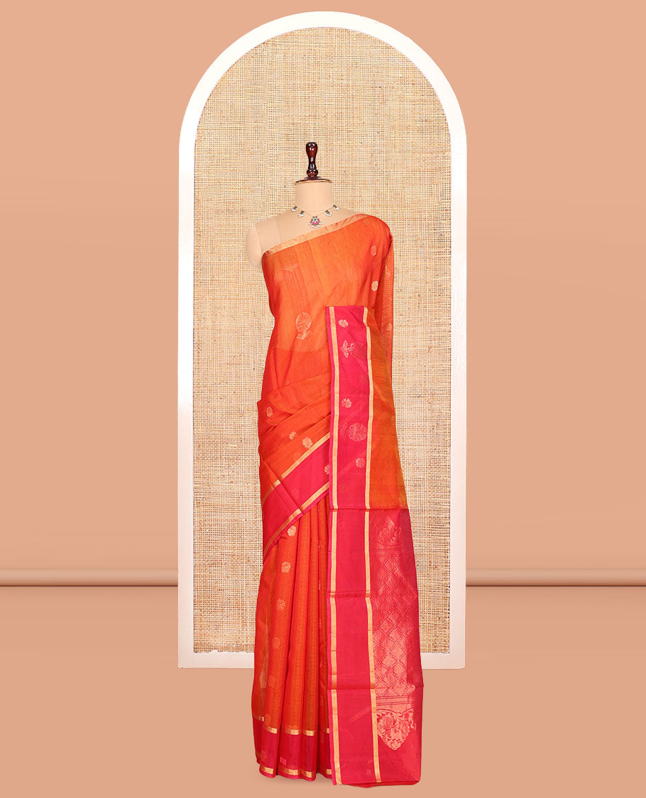 Orange Silk Cotton Saree, Gleamed Up with Zari Buttas, Complemented by a Contrast Traditional Zari Border, Jaal Pallu, and a Contrast Blouse