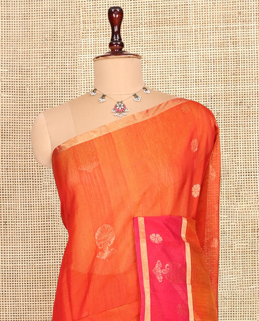 Orange Silk Cotton Saree, Gleamed Up with Zari Buttas, Complemented by a Contrast Traditional Zari Border, Jaal Pallu, and a Contrast Blouse