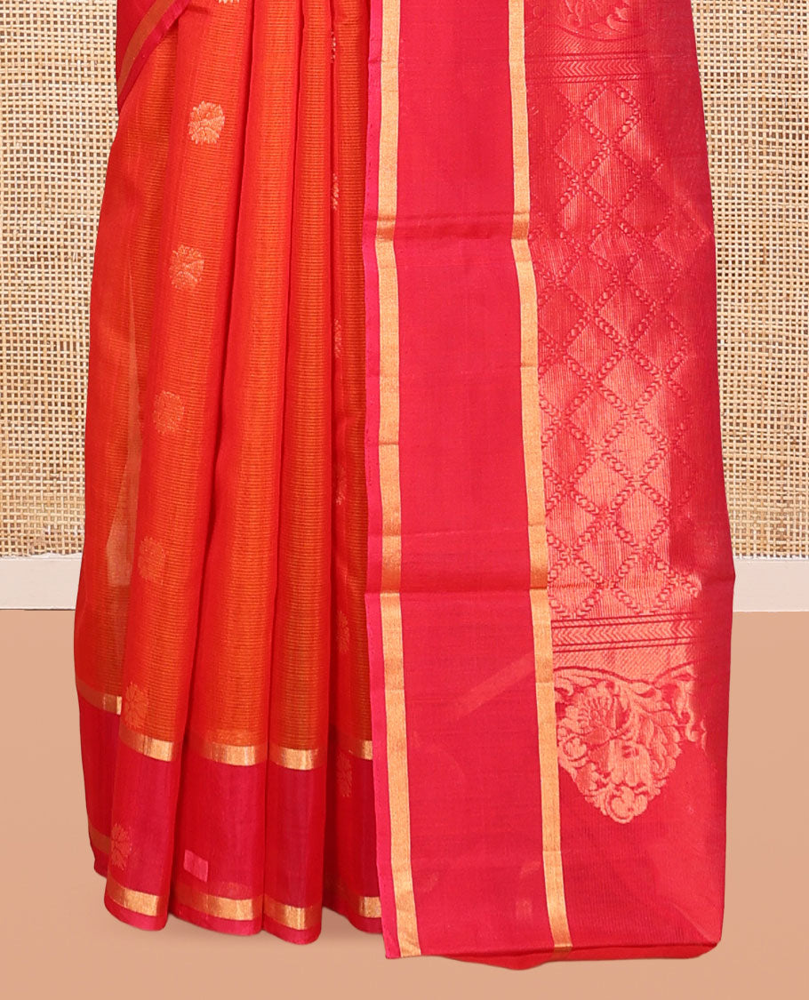 Orange Silk Cotton Saree, Gleamed Up with Zari Buttas, Complemented by a Contrast Traditional Zari Border, Jaal Pallu, and a Contrast Blouse