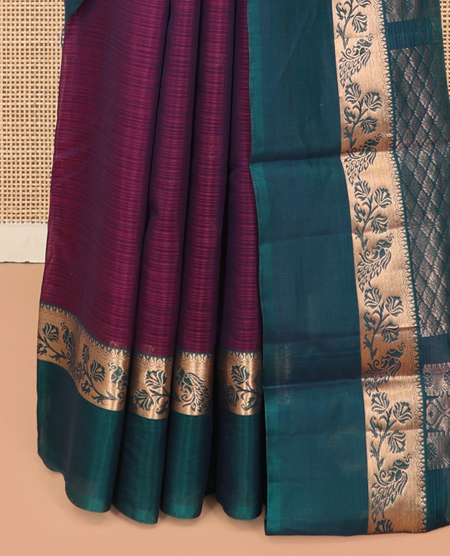 Purple Silk Cotton Saree, Elevated with Zari Buttas, a Contrast Floral Creeper Border, Jaal Pallu, and a Contrast Blouse