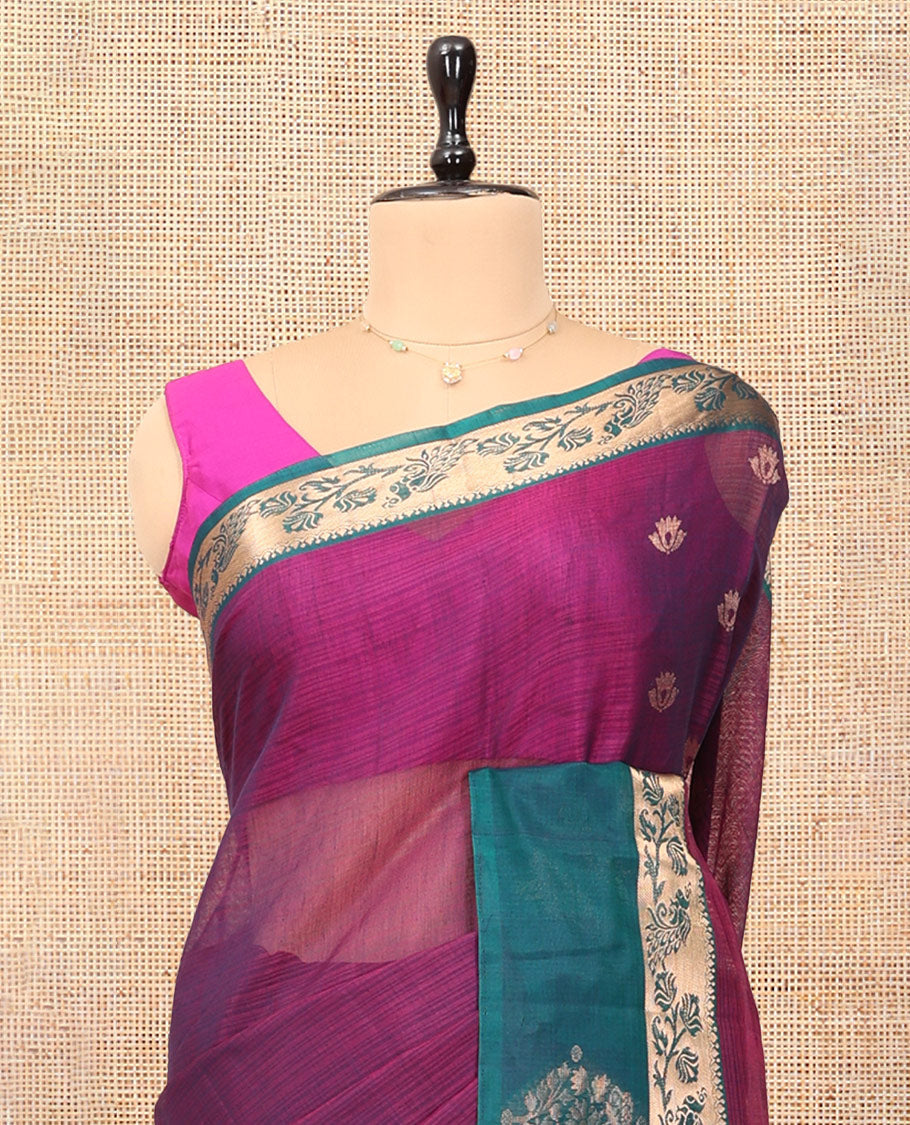 Purple Silk Cotton Saree, Elevated with Zari Buttas, a Contrast Floral Creeper Border, Jaal Pallu, and a Contrast Blouse