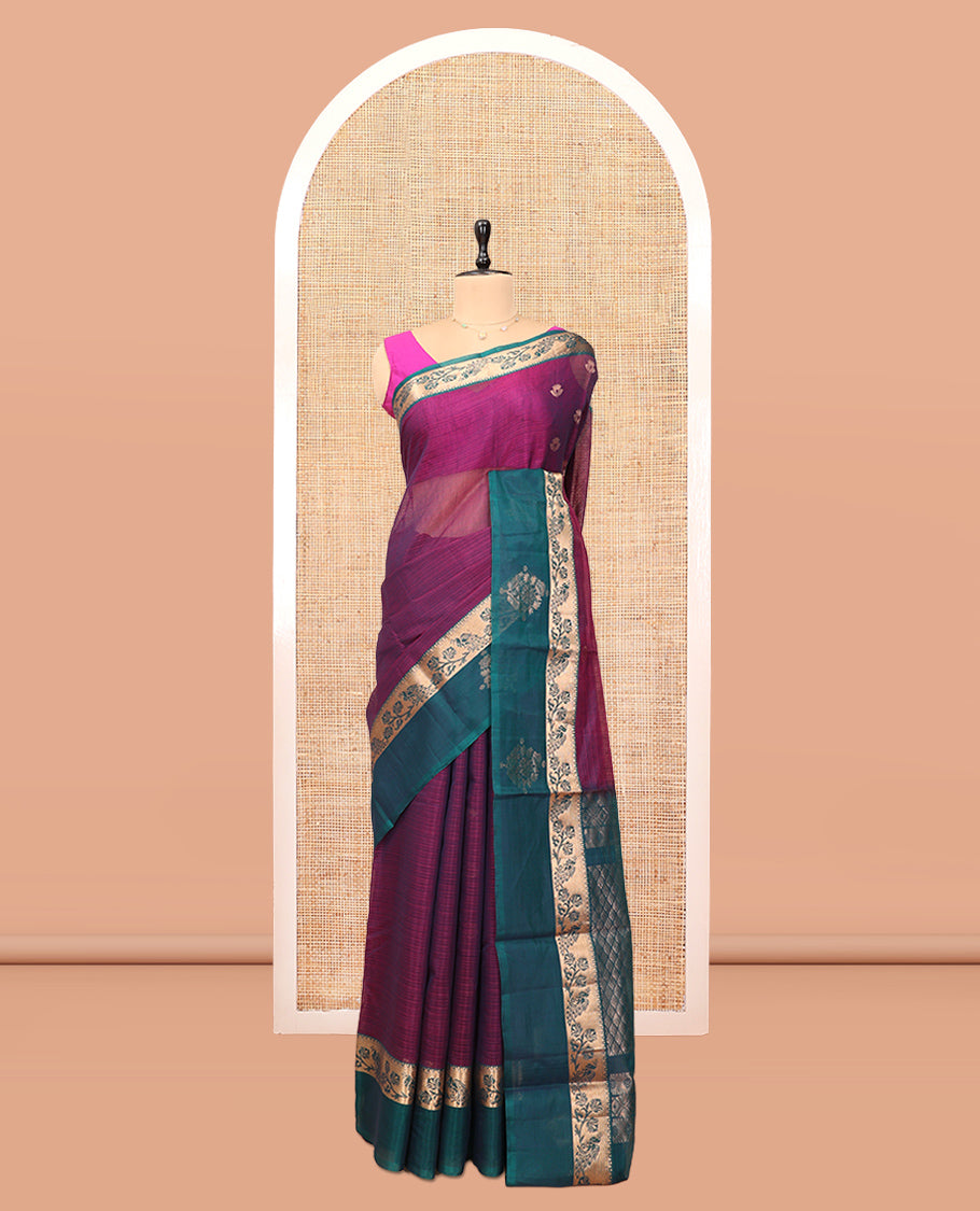 Purple Silk Cotton Saree, Elevated with Zari Buttas, a Contrast Floral Creeper Border, Jaal Pallu, and a Contrast Blouse