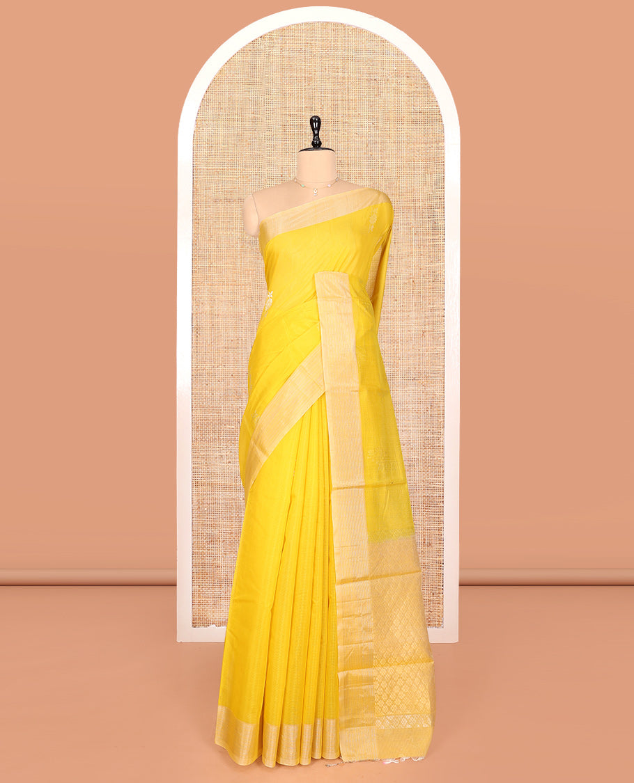Yellow Silk Cotton Saree, Sparsely Woven with Buttas, a Subtle Zari Border, Grand Jaal Pallu, and a Matching Blouse