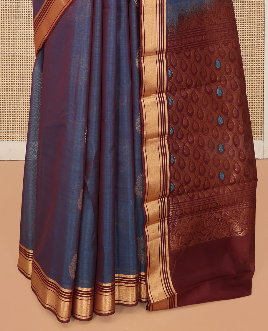 Blue Silk Cotton Saree, Graced with Meena Buttas, a Contrast Zari Border, Intricate Pallu, and a Contrast Blouse