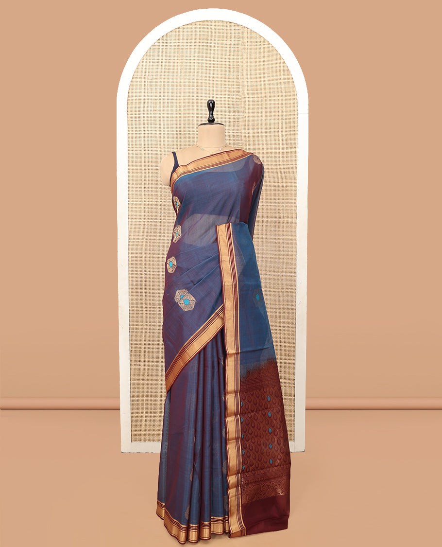 Blue Silk Cotton Saree, Graced with Meena Buttas, a Contrast Zari Border, Intricate Pallu, and a Contrast Blouse