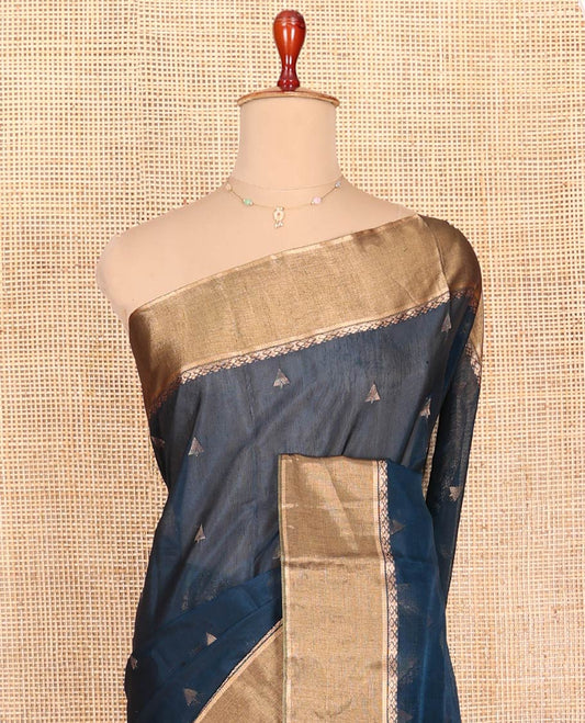 Blue Silk Cotton Saree, Elevated with Buttas All Over Its Body, Complemented by a Contrast Zari Border, Pallu Features Geometric Designs, and Paired with a Contrast Blouse