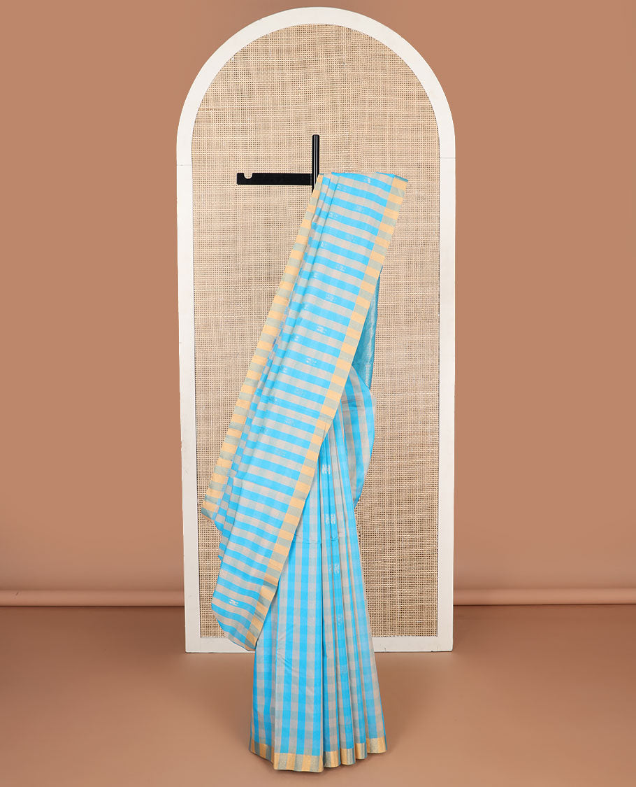 Multi-color checked silk cotton saree with contrast striped border & floral design pallu