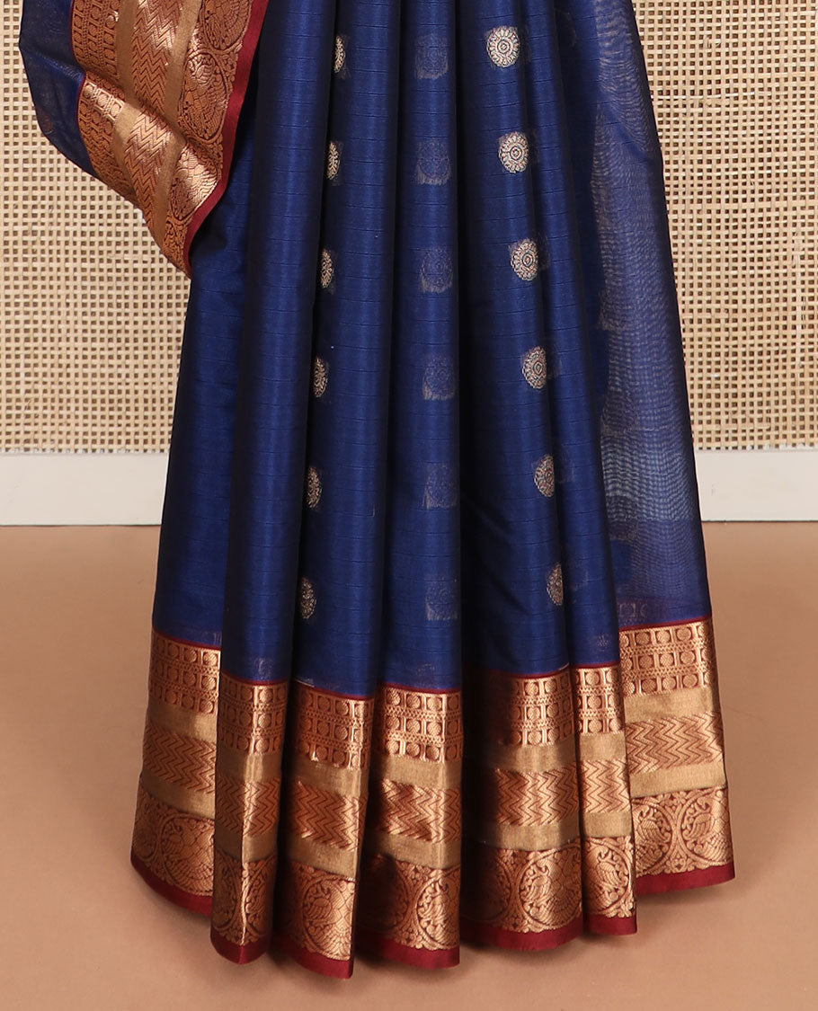 Blue motifs silk cotton saree with contrast zari design border & jaal design pallu