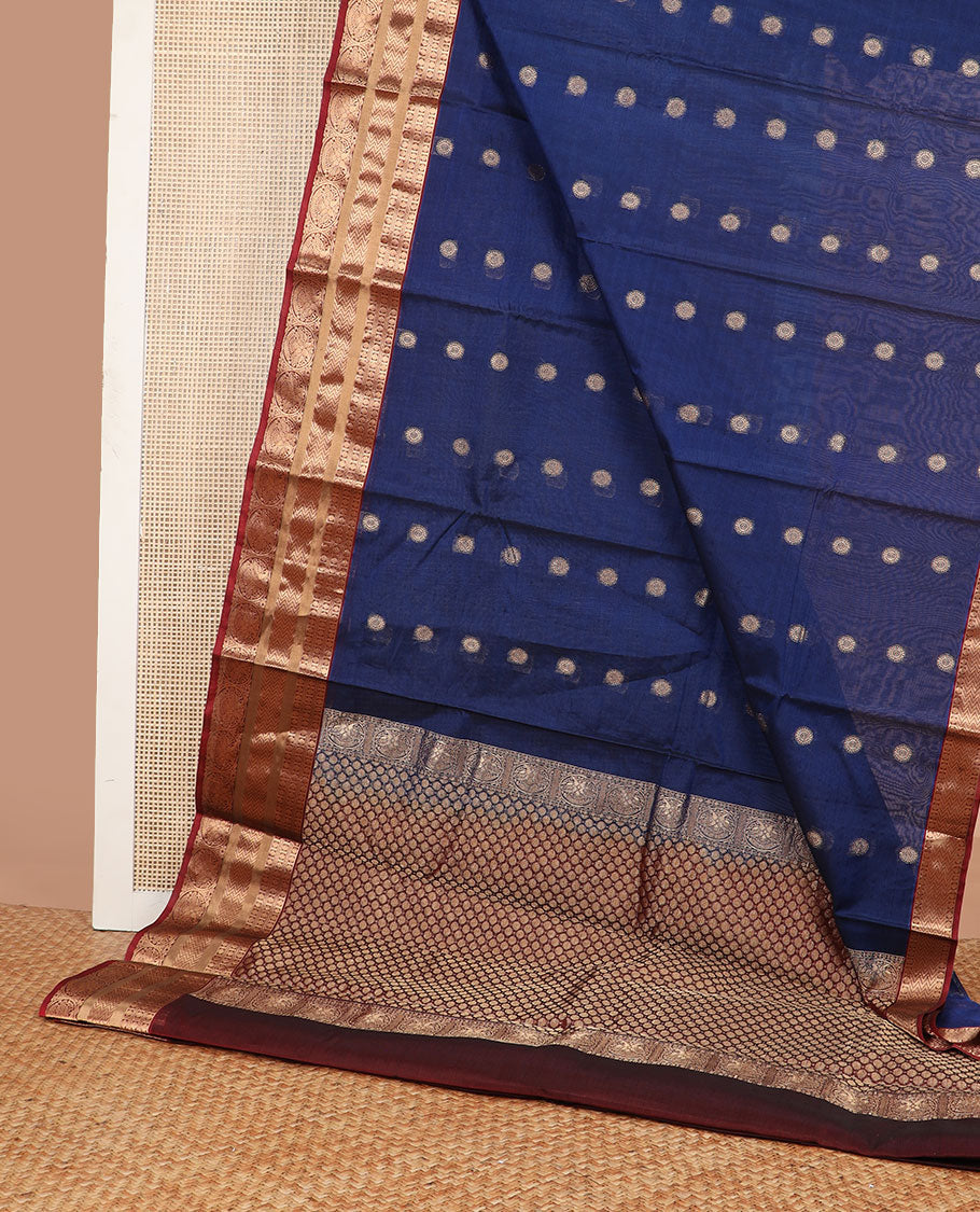 Blue motifs silk cotton saree with contrast zari design border & jaal design pallu